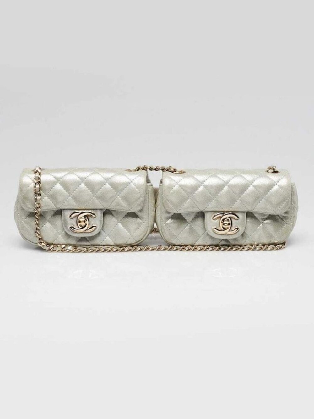 Chanel Silver Quilted Metallic Lambskin Leather Mini Twin Flap Bag
